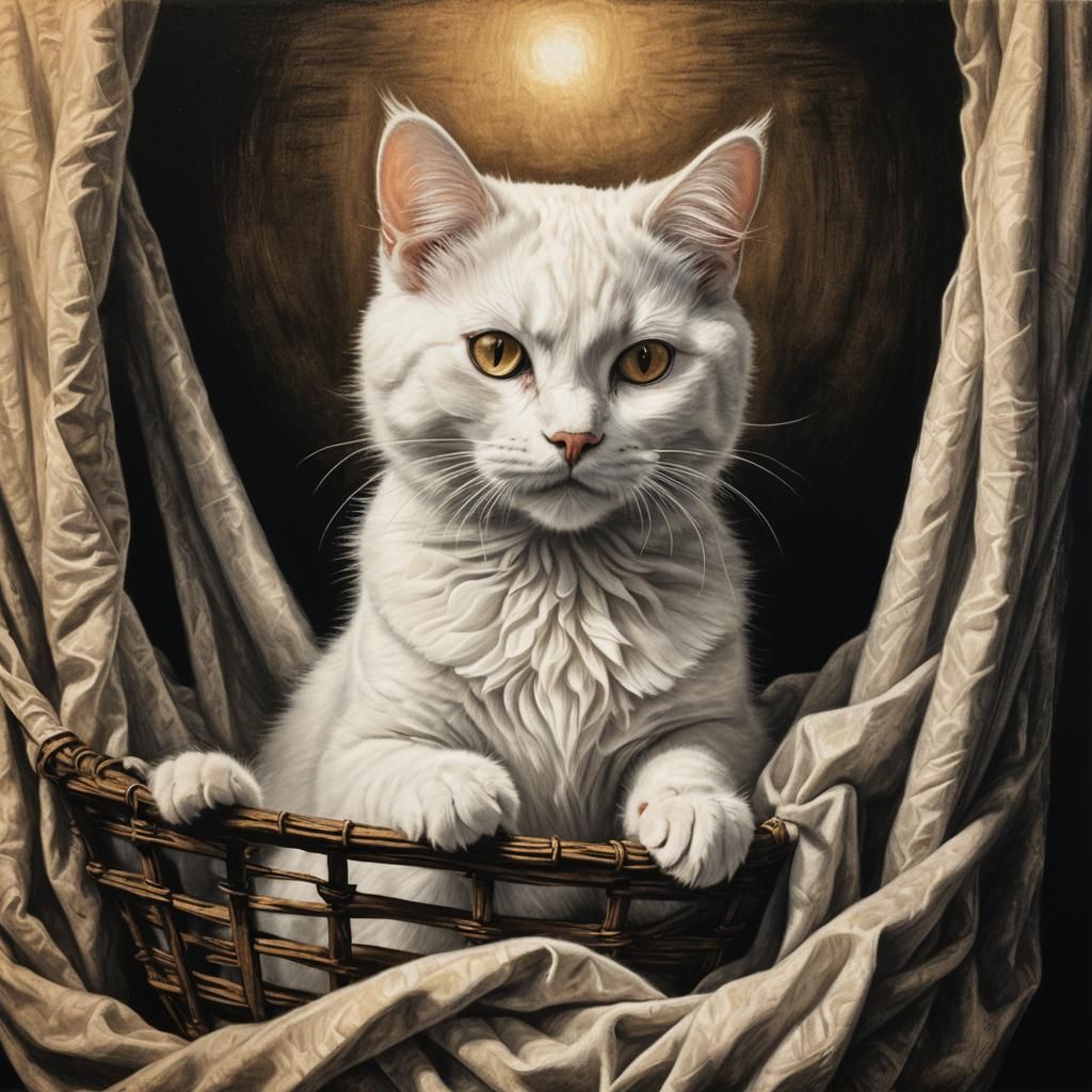 White Cat Minstrel: Hyperdetailed Charcoal Drawing