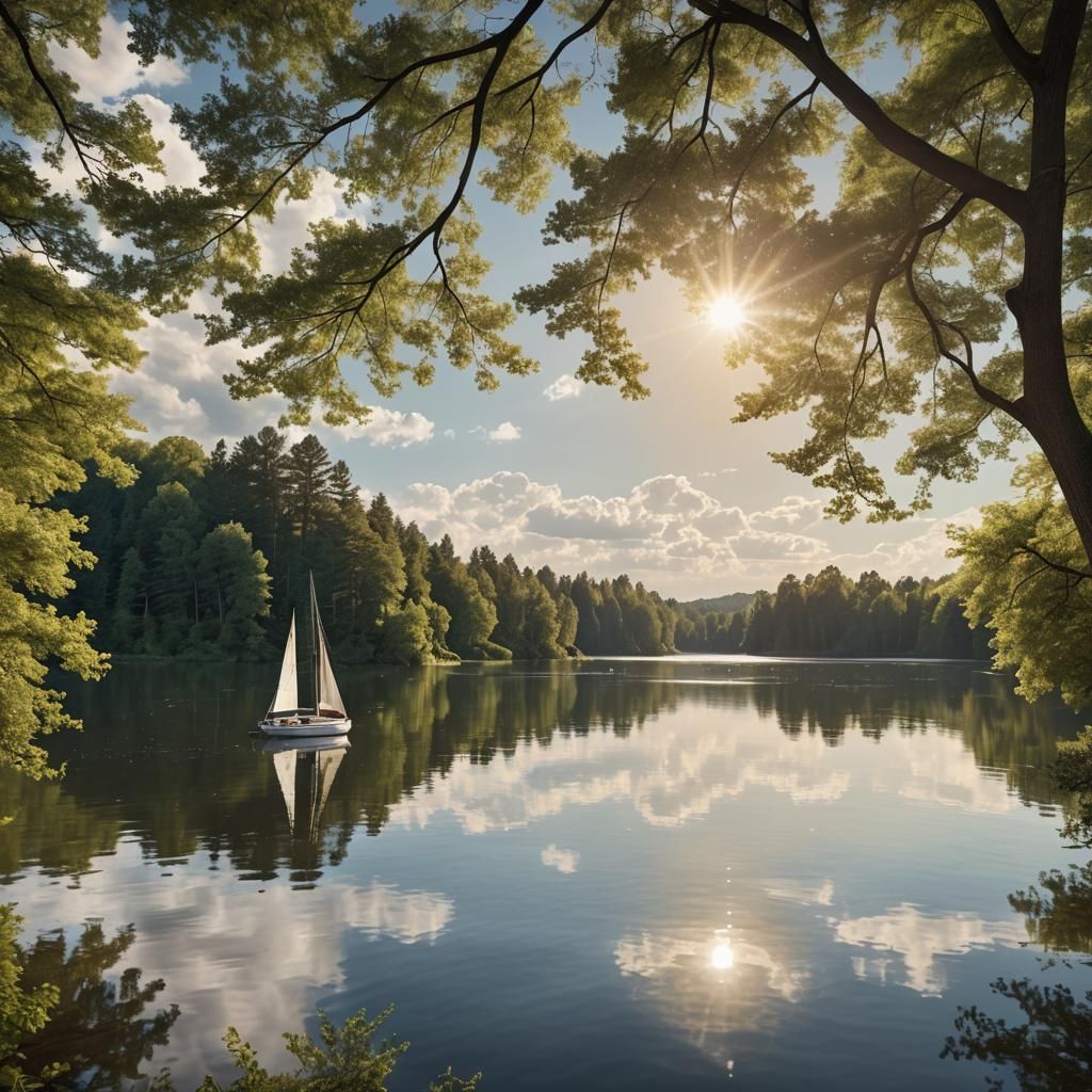 Photorealistic Sailboat on Lake at Sunset
