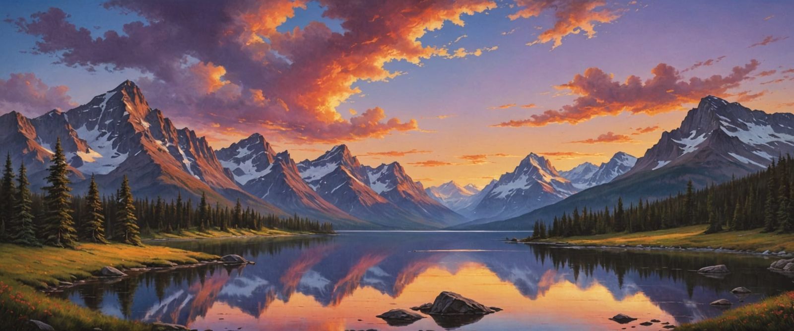 Serene Mountain Sunset Oil Painting