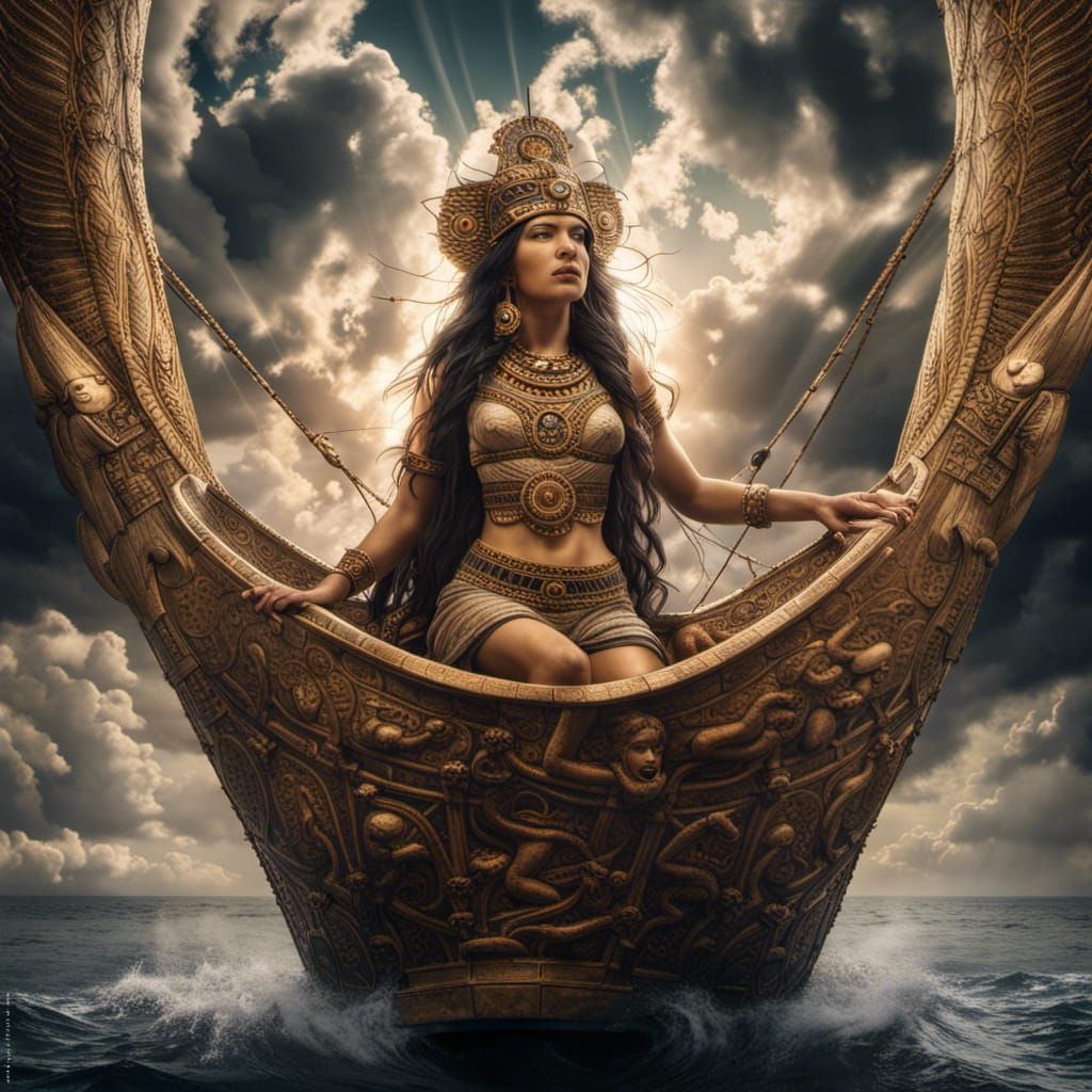 Hyperrealistic Goddess Ishtar in Her Boat of Heaven