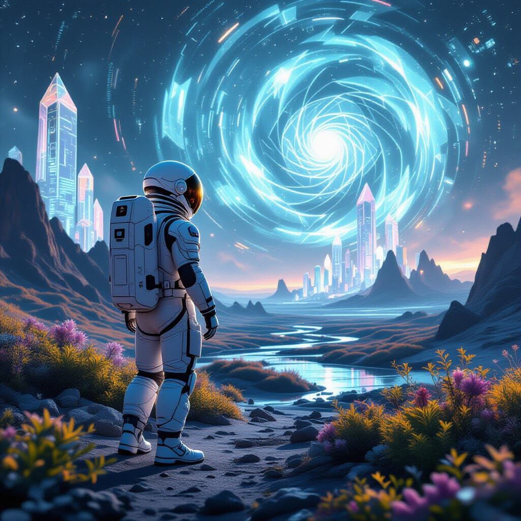 Astronaut Explores Alien World of Glowing Geometric Life