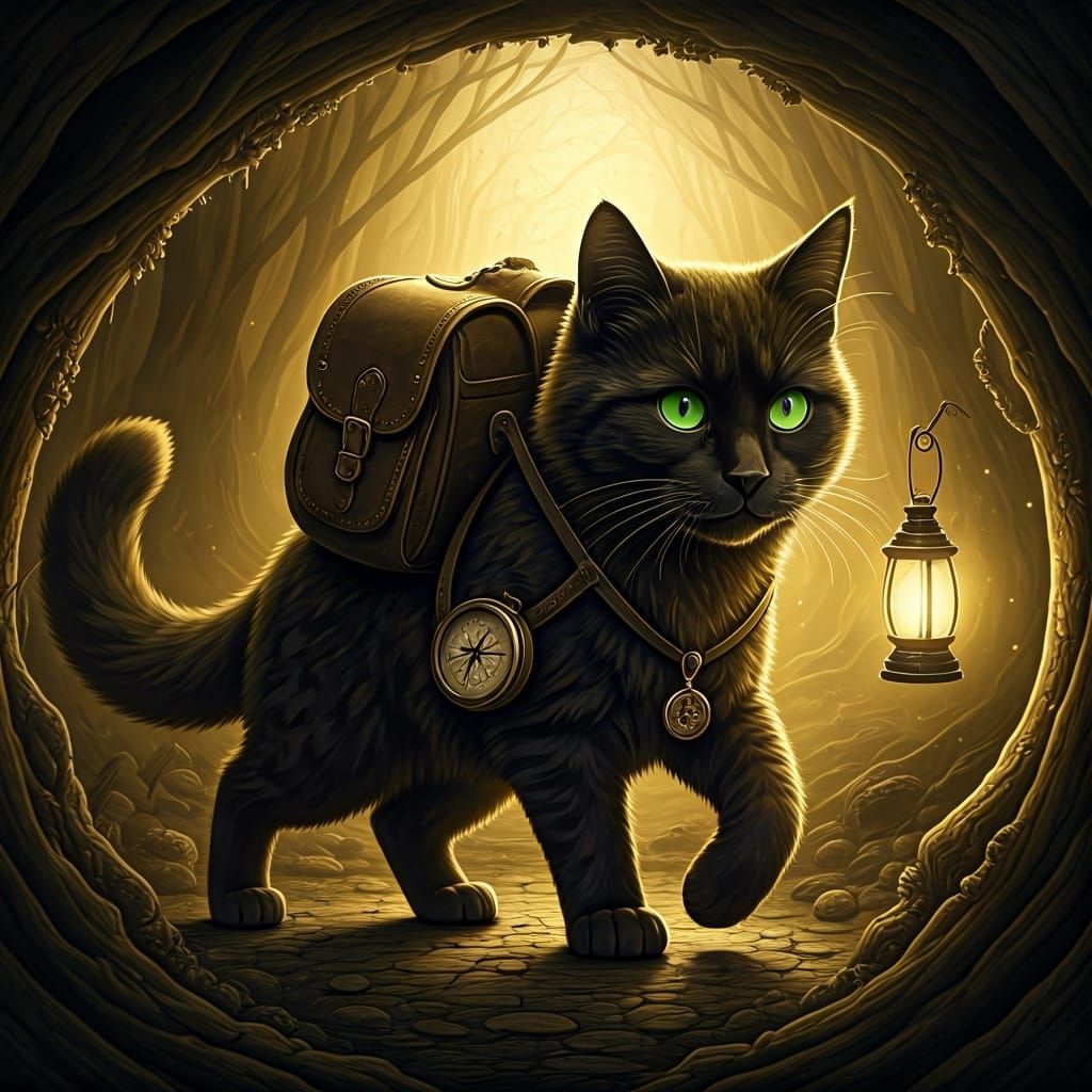 Golden Cat Adventurer in Mystical Forest