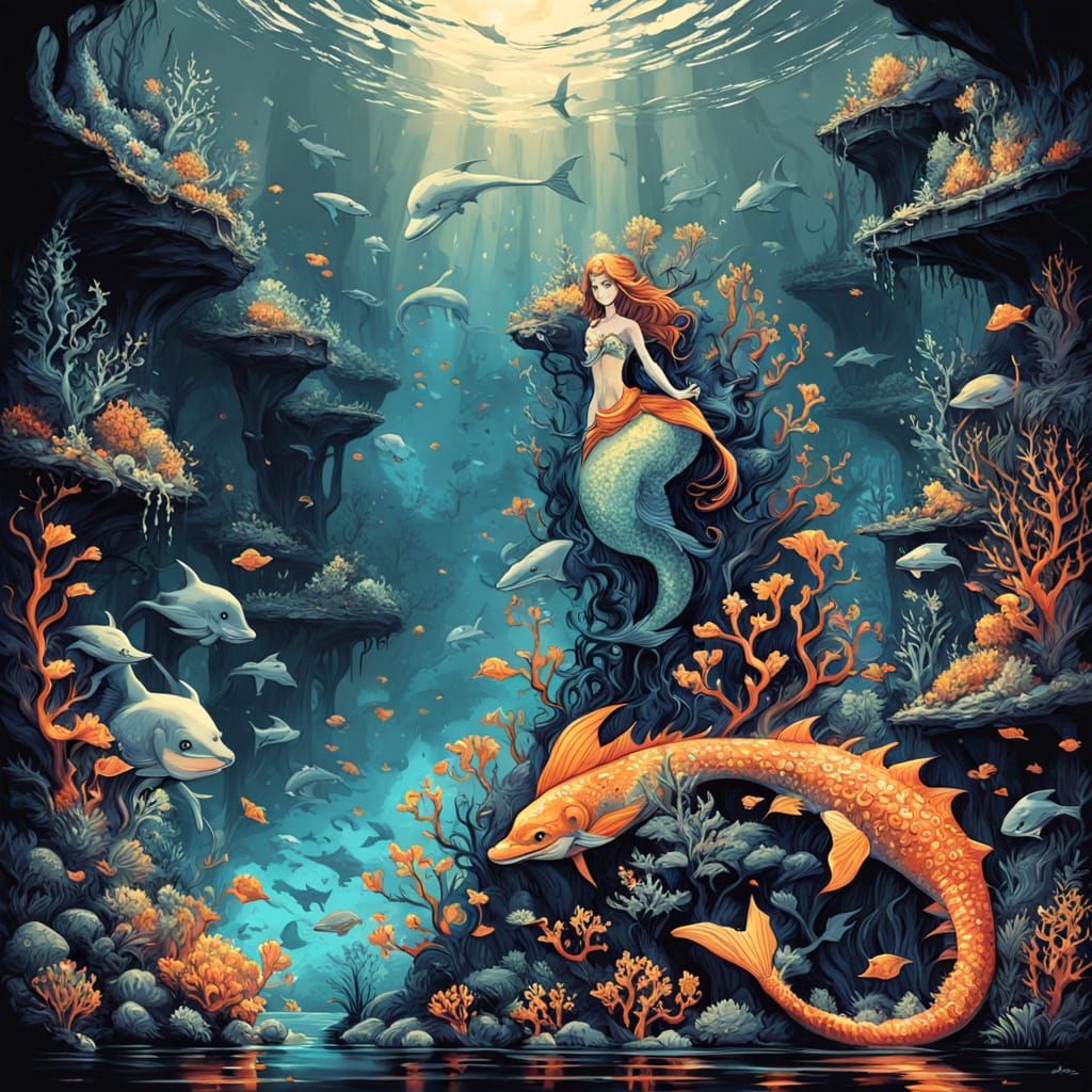 Mermaids in Underwater Ruins, Dark Fantasy Art