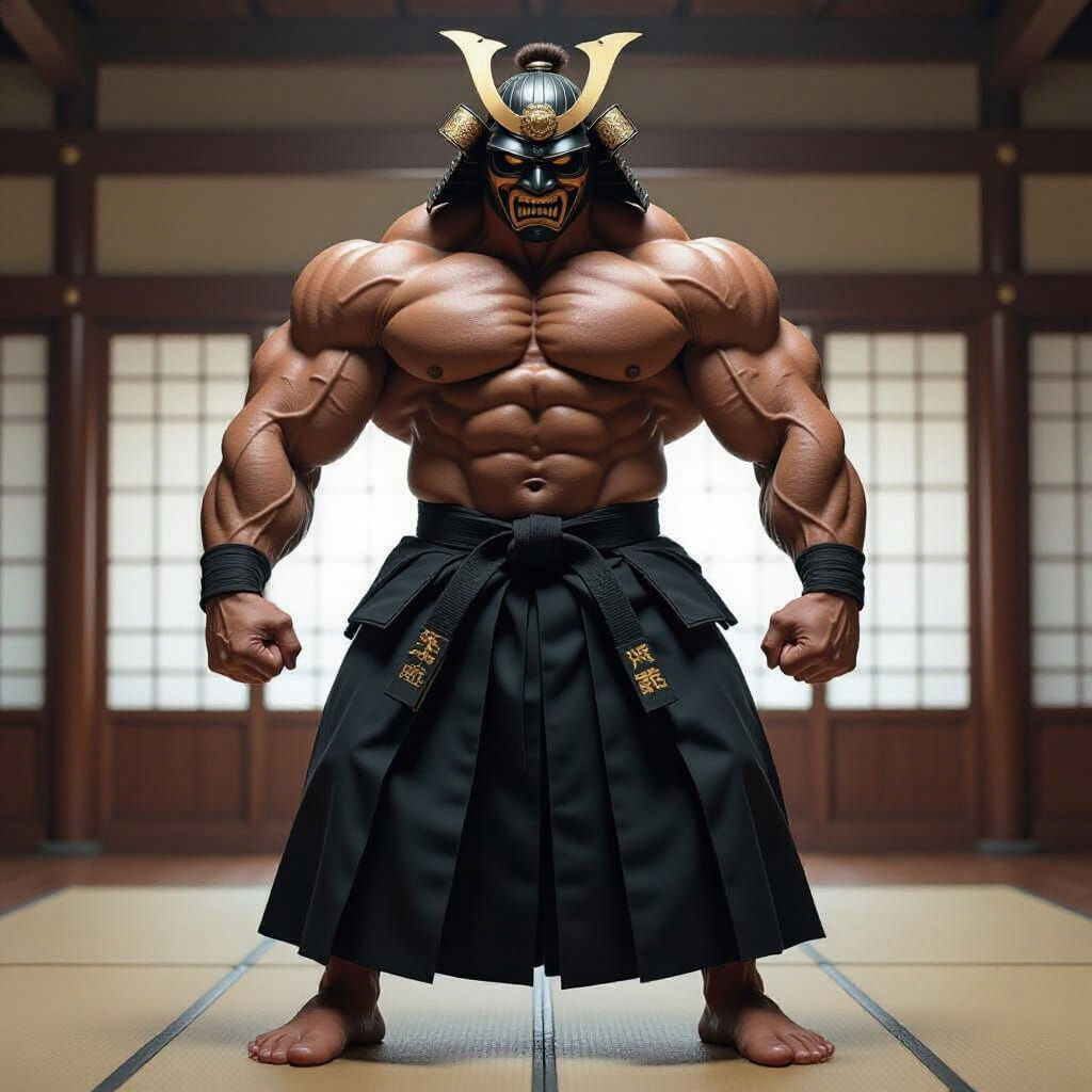 Muscular Samurai Bodybuilder in Dojo: Digital Matte Painting