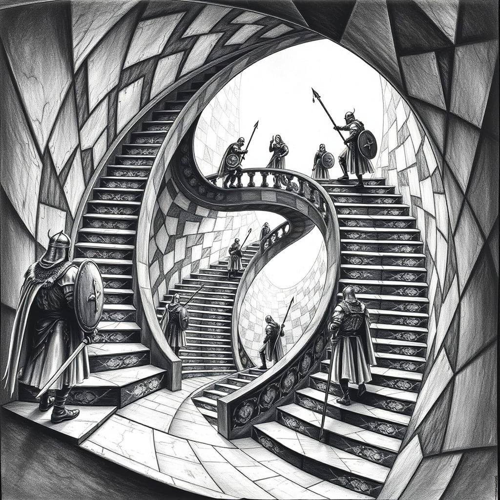 Viking Warriors Ascend Escher-esque Staircase: Charcoal Draw...