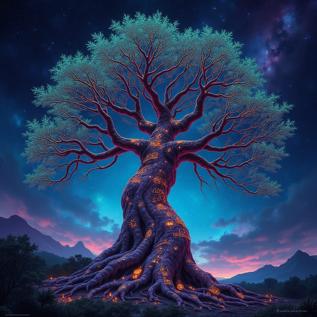 Bioluminescent Tree of Life with Cosmic Roots