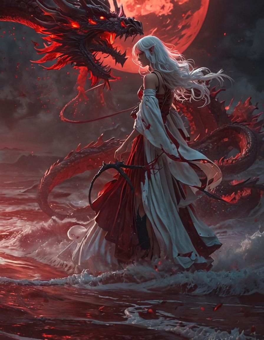 Blood Goddess with Dragon in Gothic Moonlight
