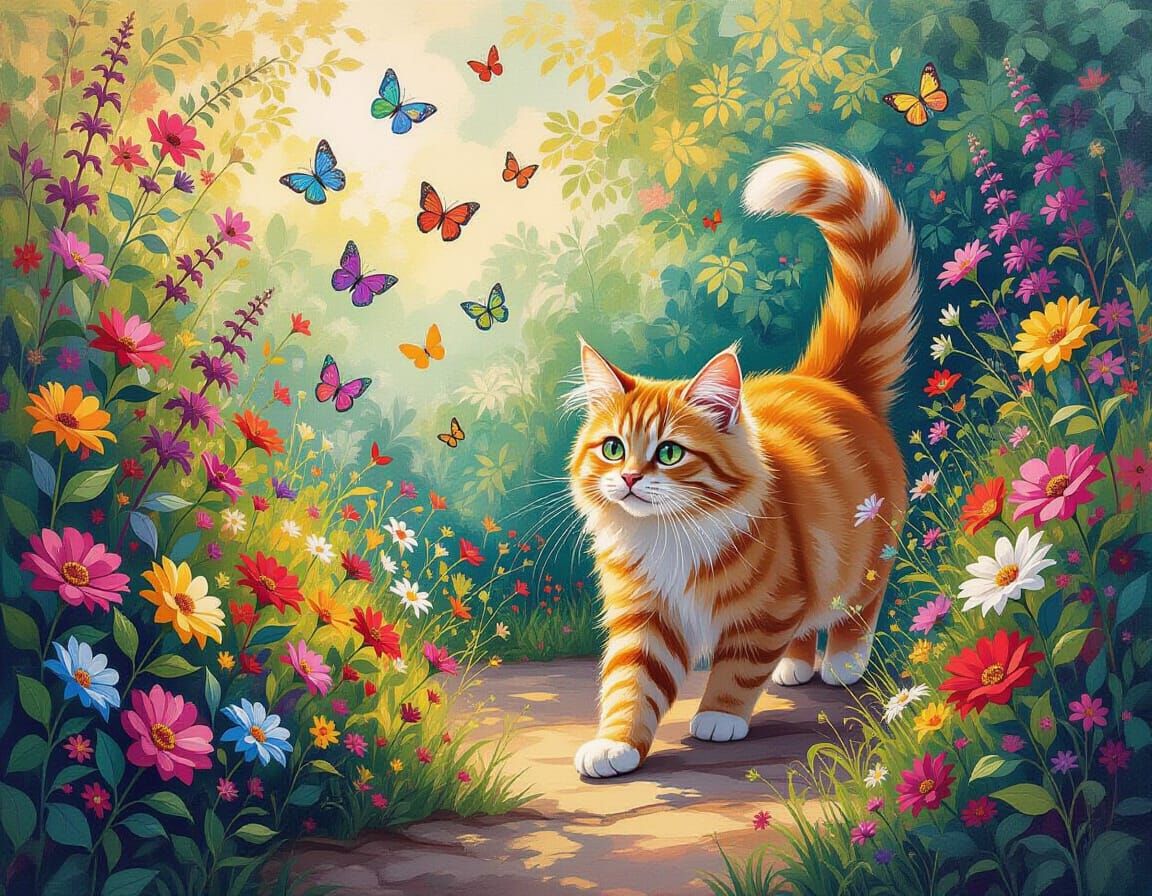 Ginger Cat's Butterfly Chase: Watercolor Pointillism