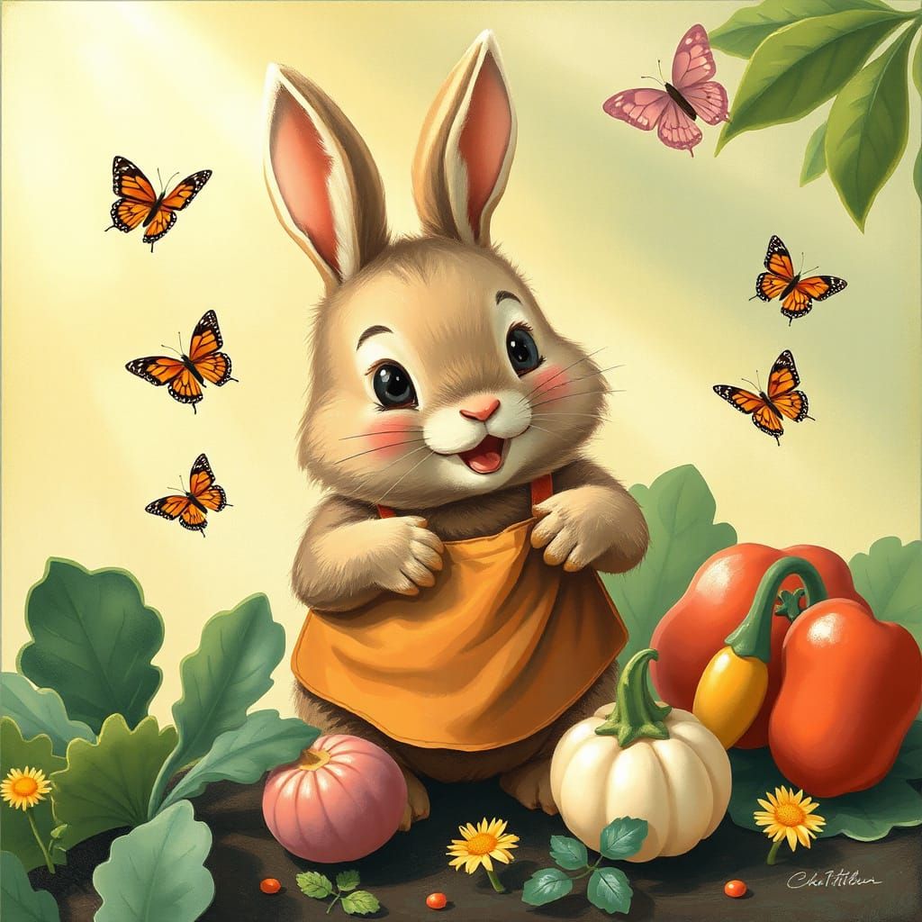 Bunny Gardener in Naive Art Style