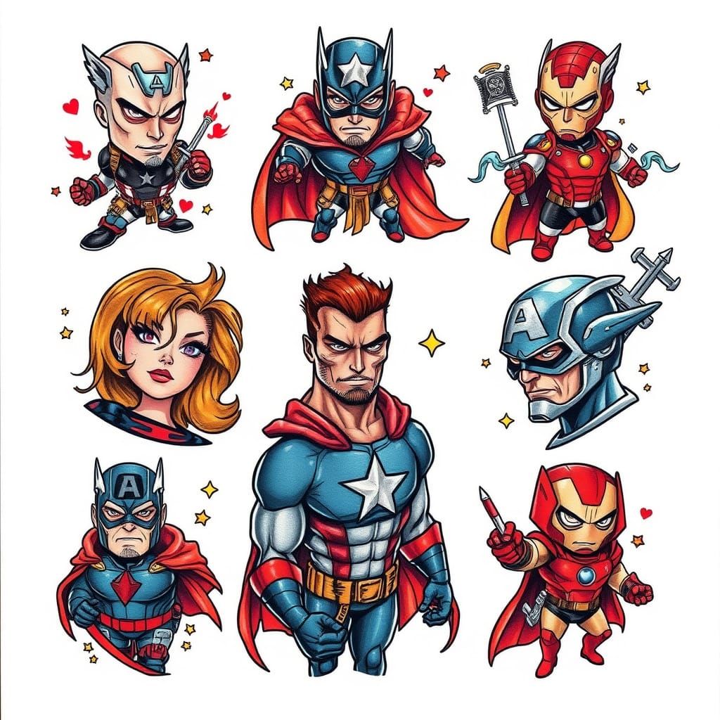 Avengers Tattoo Flash Sheet in New School Style