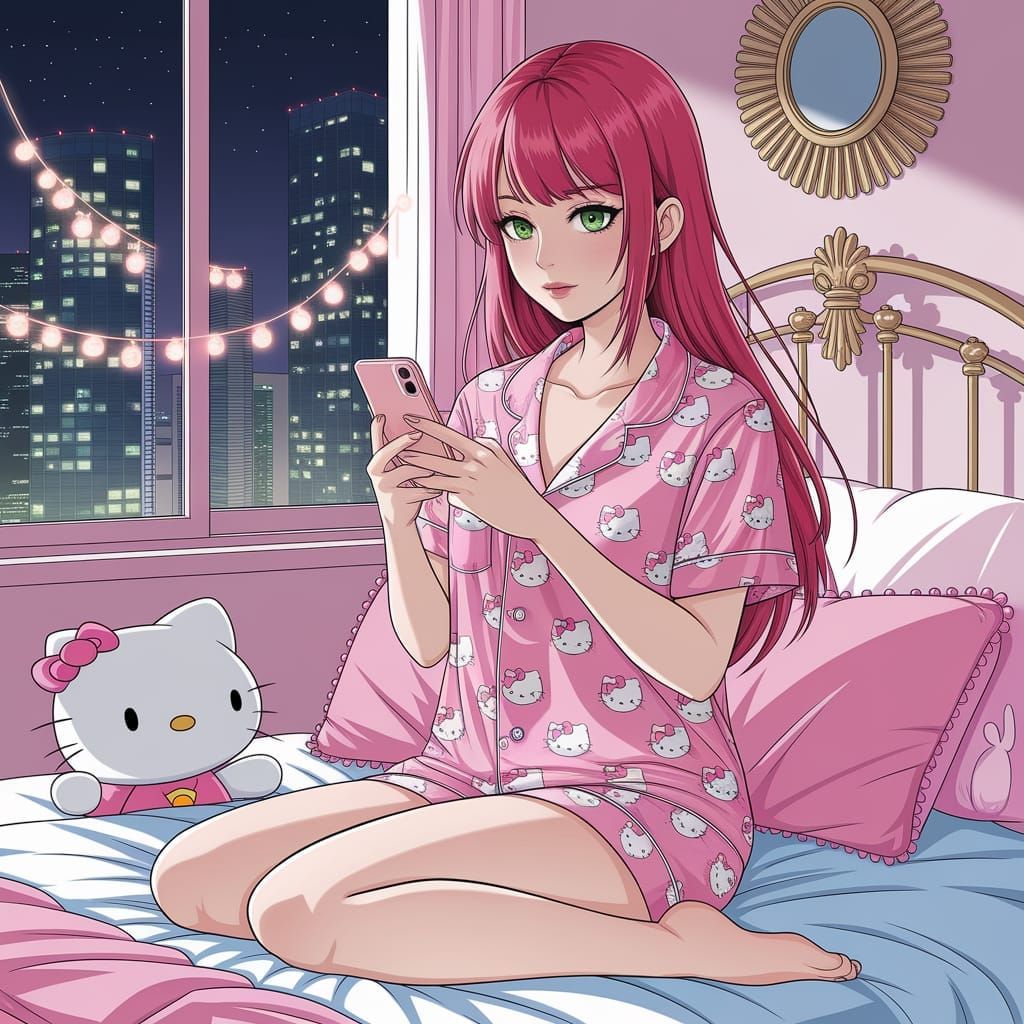 Japanese Woman in Hello Kitty Pajamas in Tokyo, Anime Art