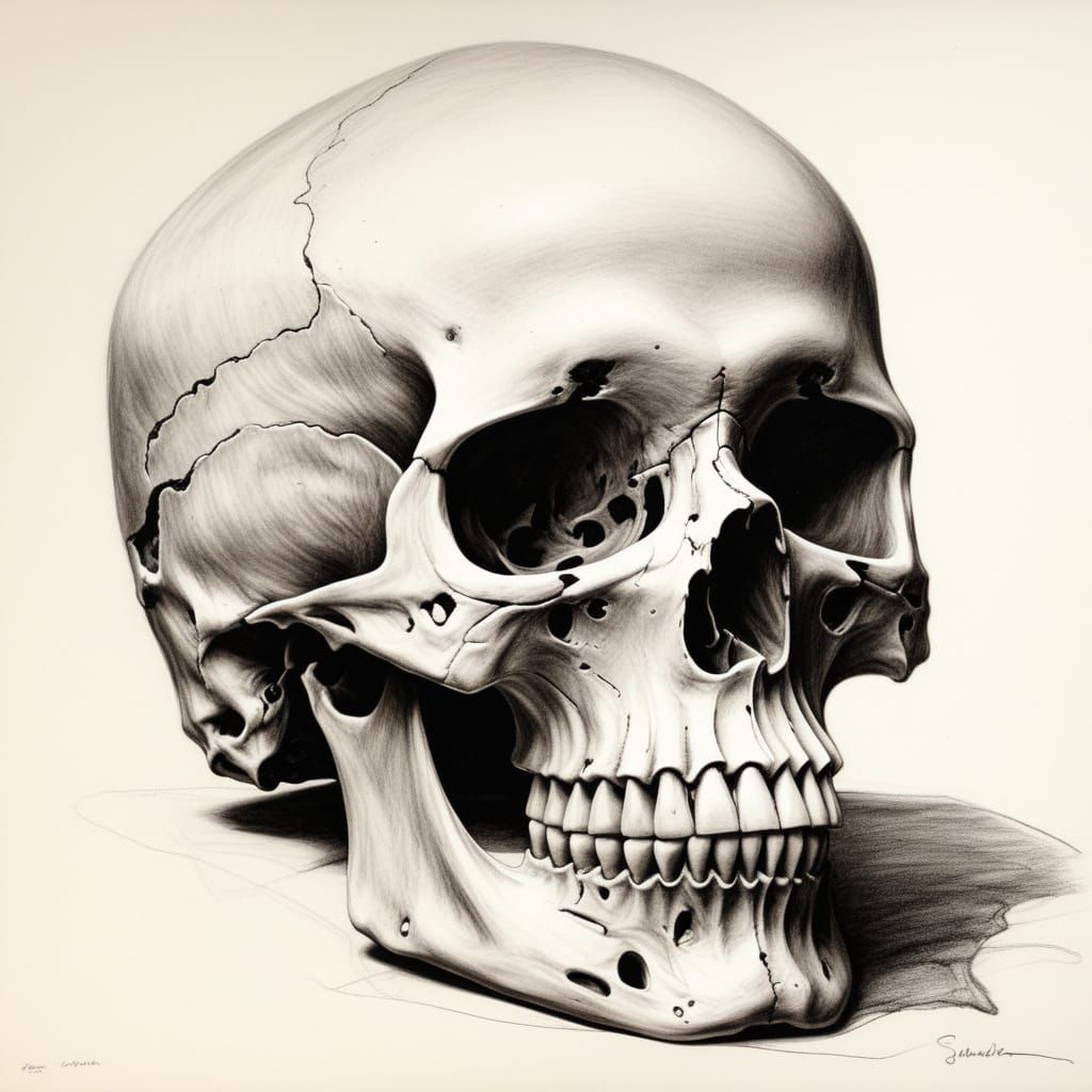 Sepia and Sanguine Charcoal Drawing of a Human Skull