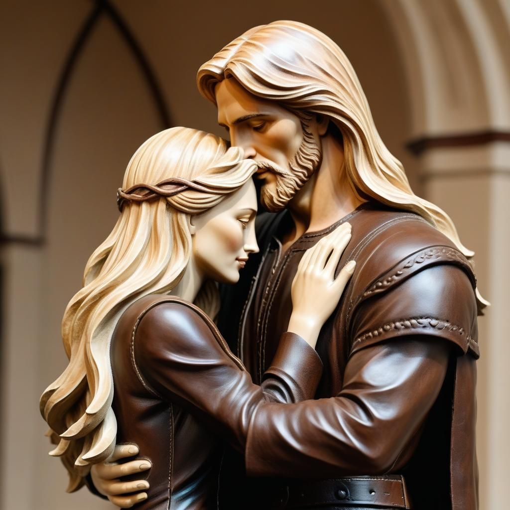 Leather Sculpture: Jesus Embracing a Girl