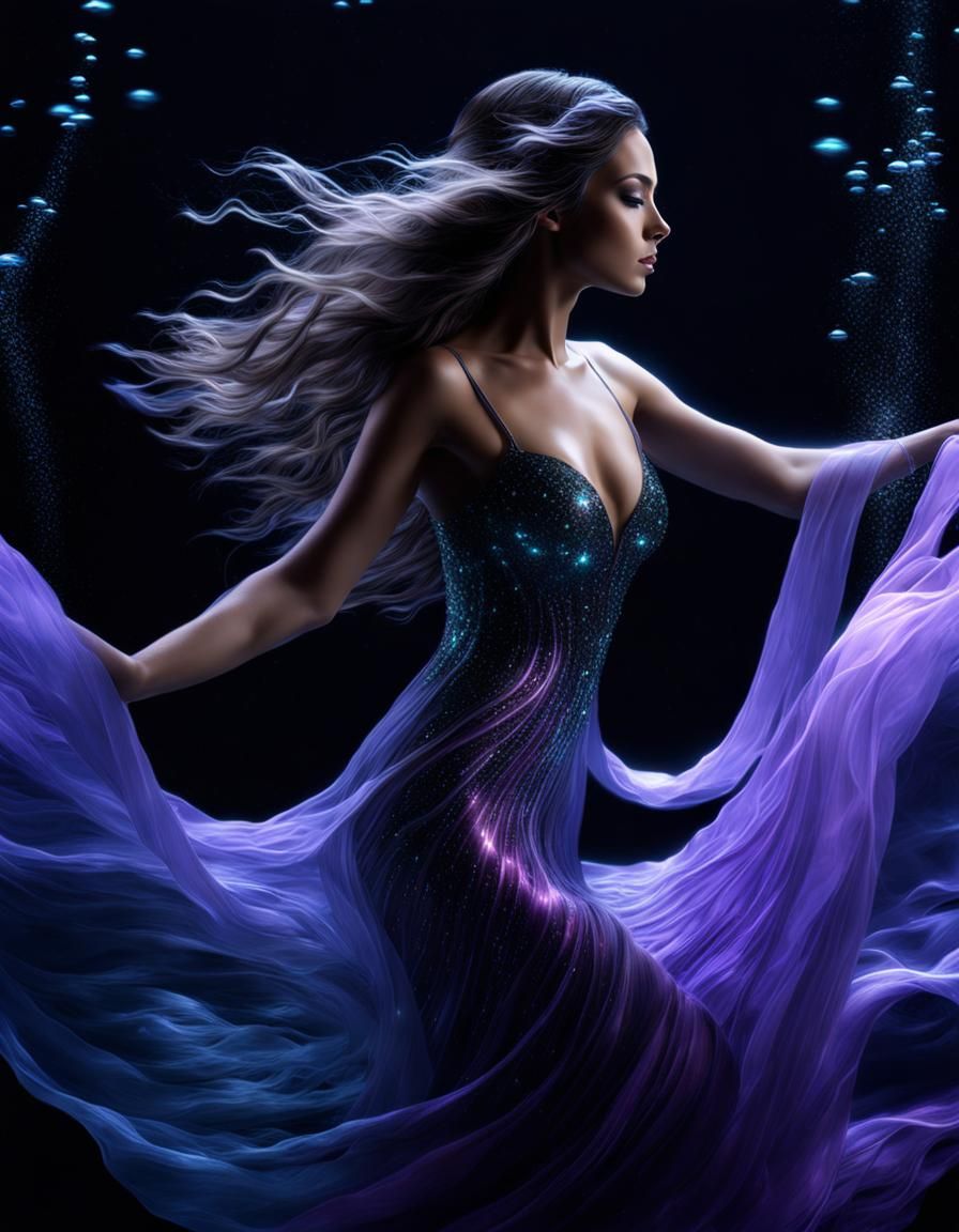 Bioluminescent Woman Underwater: Dark Fantasy Neon Art