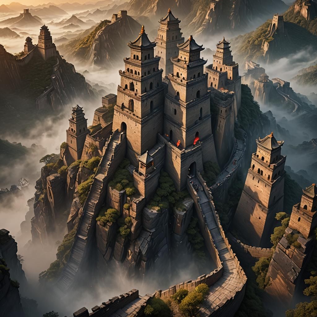 Futuristic Great Wall and Obelisk Fusion in Mist