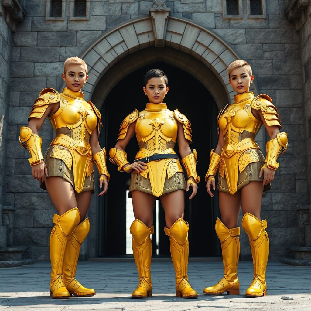 Confident Filipino Fashion Models in Yellow Armor at Medieva...