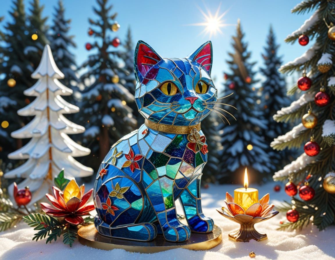 Cute Christmas Cat and Duckling Stained Glass Sculpture