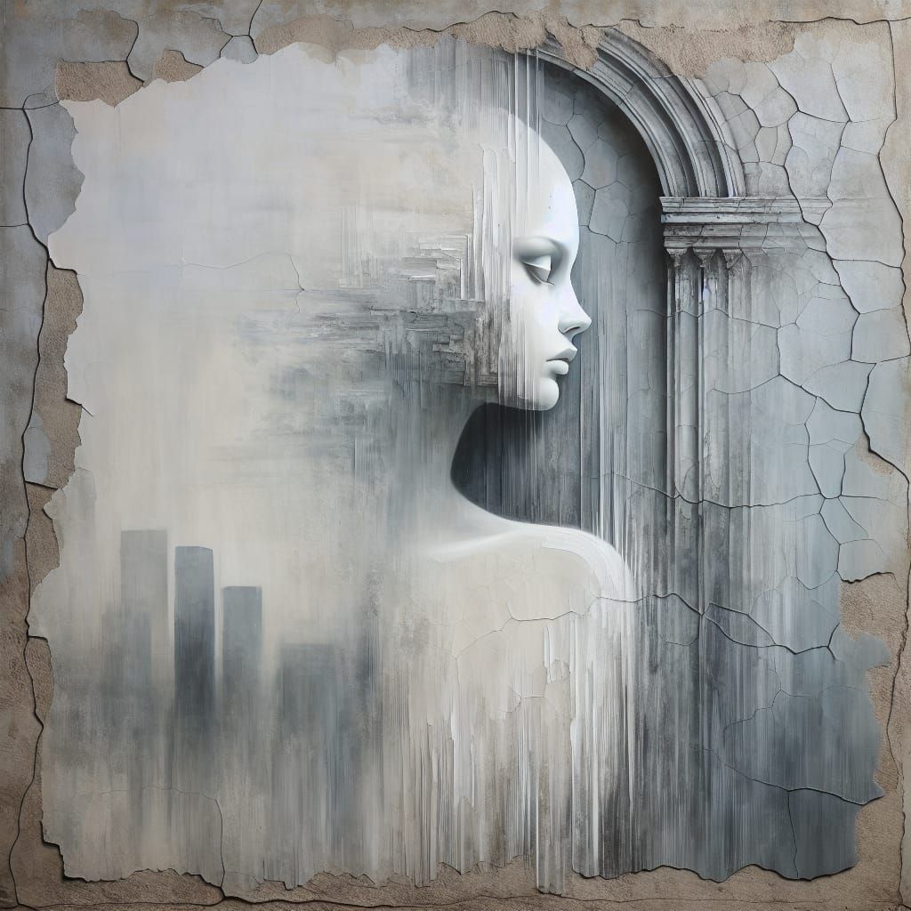 Ethereal Profile Emerging from Weathered Wall
