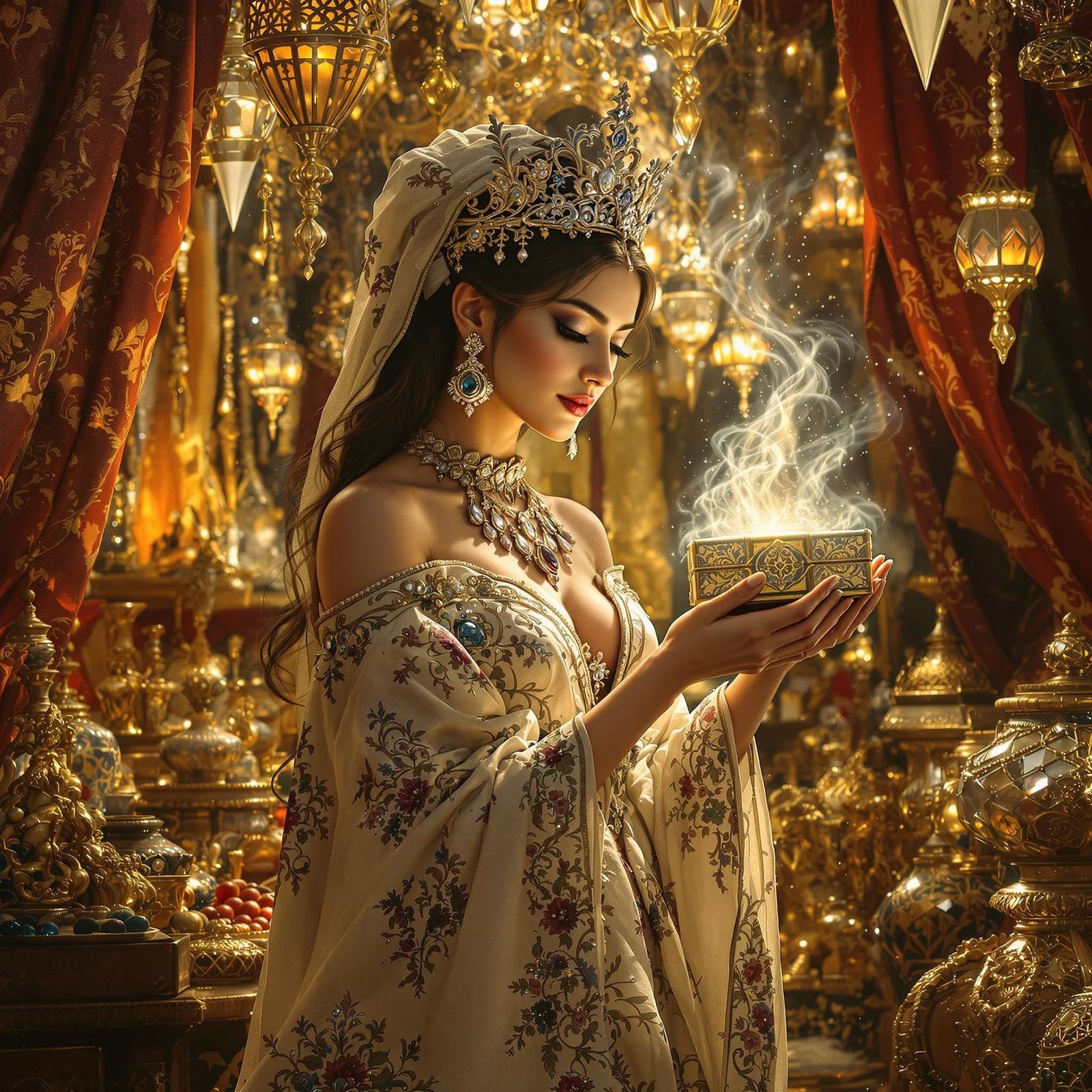 Regal Woman in Golden Market Scene