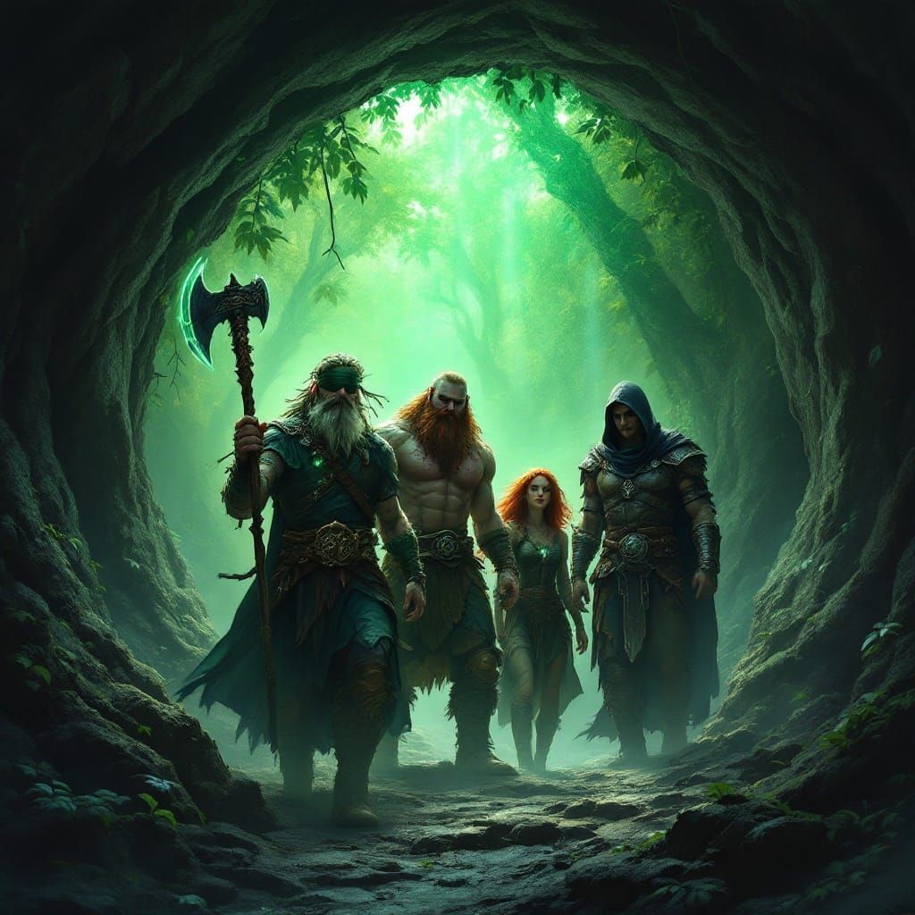 Adventurers Emerge from Cave in Mystical Forest