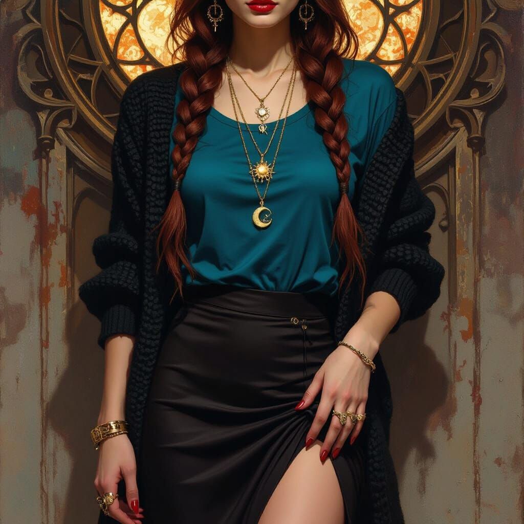 Vampire Woman Oil Painting with Moon & Sun Jewelry