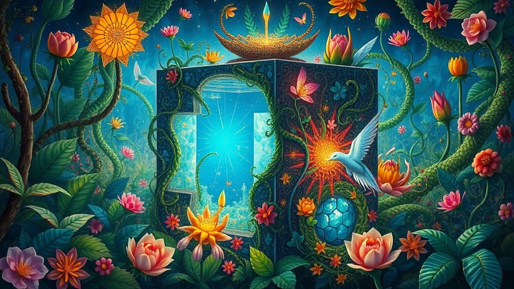 Symbolic Dreamscape with Mystical Cube and Fantastical Creat...
