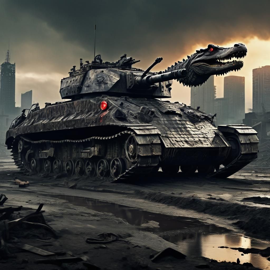 Diesel-Punk Alligator Tank Patrolling War-Torn Cityscape