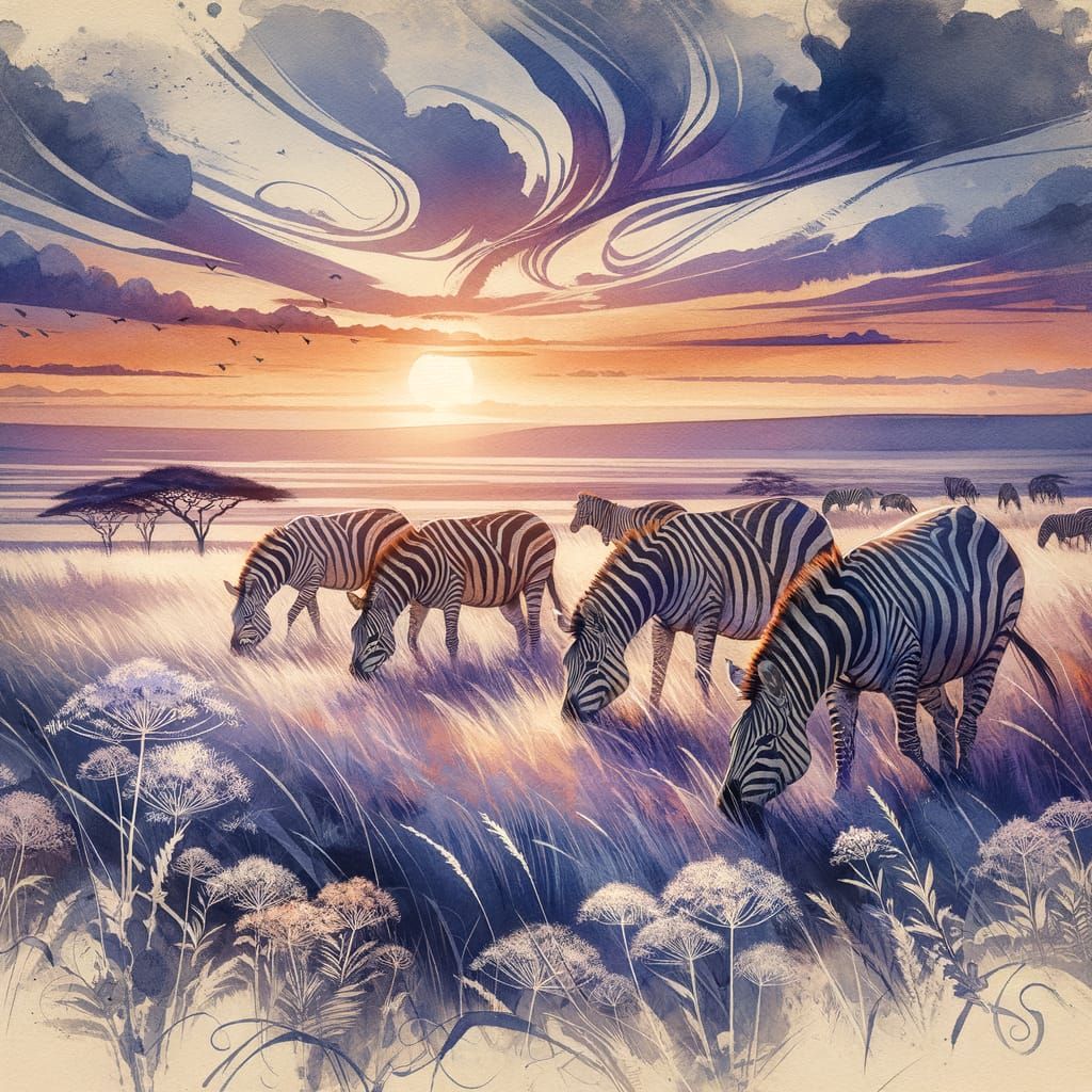 Zebras at Sunset on Serengeti, Watercolor Art