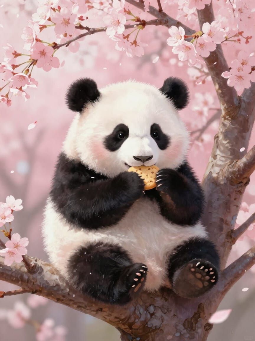 Baby Panda Eats Cookie Among Cherry Blossoms in Anime Style
