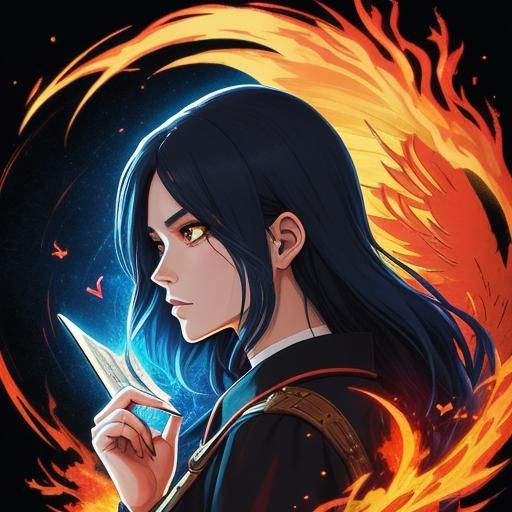 Anime Woman Holding Phoenix Tarot Card