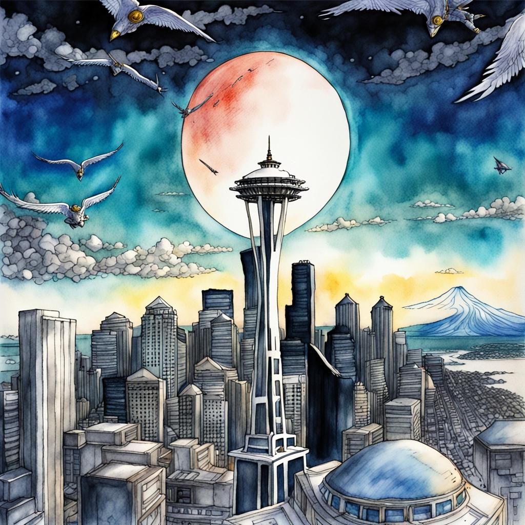 Seattle Anime Bird's-Eye View in Watercolor Style