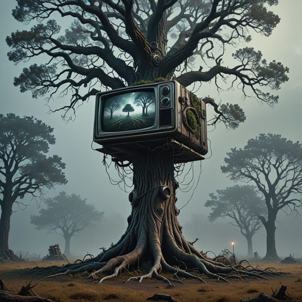 Futuristic Metallic Tree with TV Trunk
