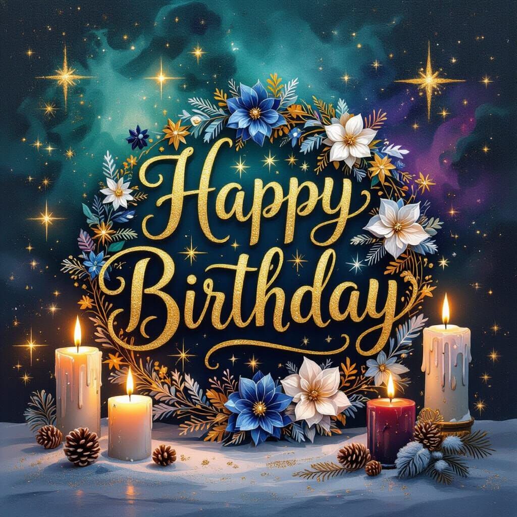 Golden Birthday Handlettering with Floral Winter Scene