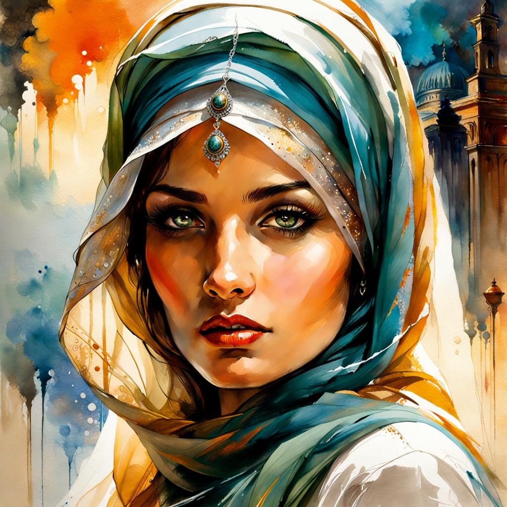 Beautiful Woman in Hijab: Timescape Watercolor Art