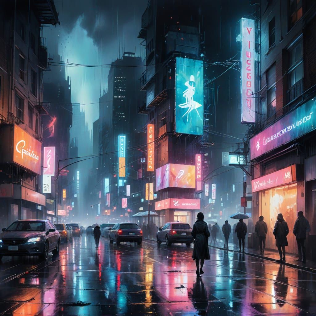 Cyberpunk Cityscape at Night in Watercolor Style