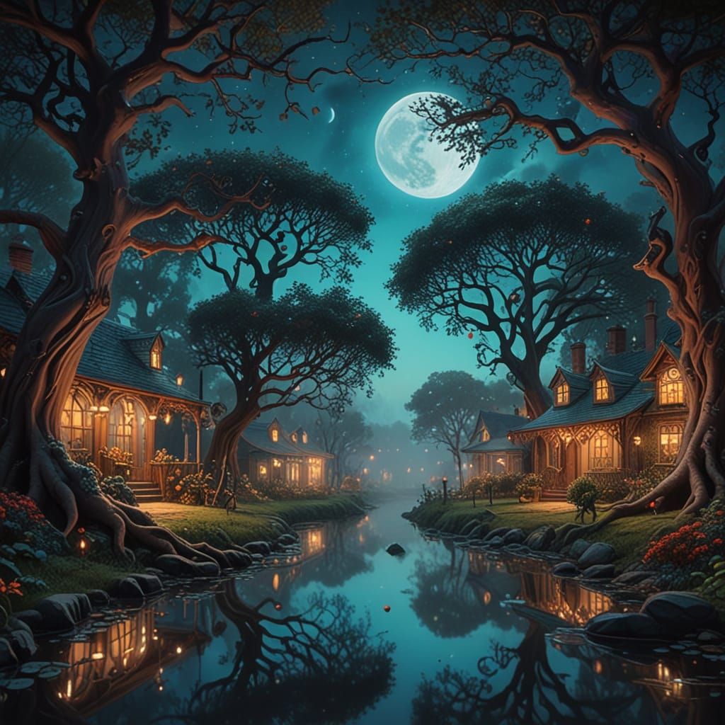 Dreamlike English Garden under a Full Moon