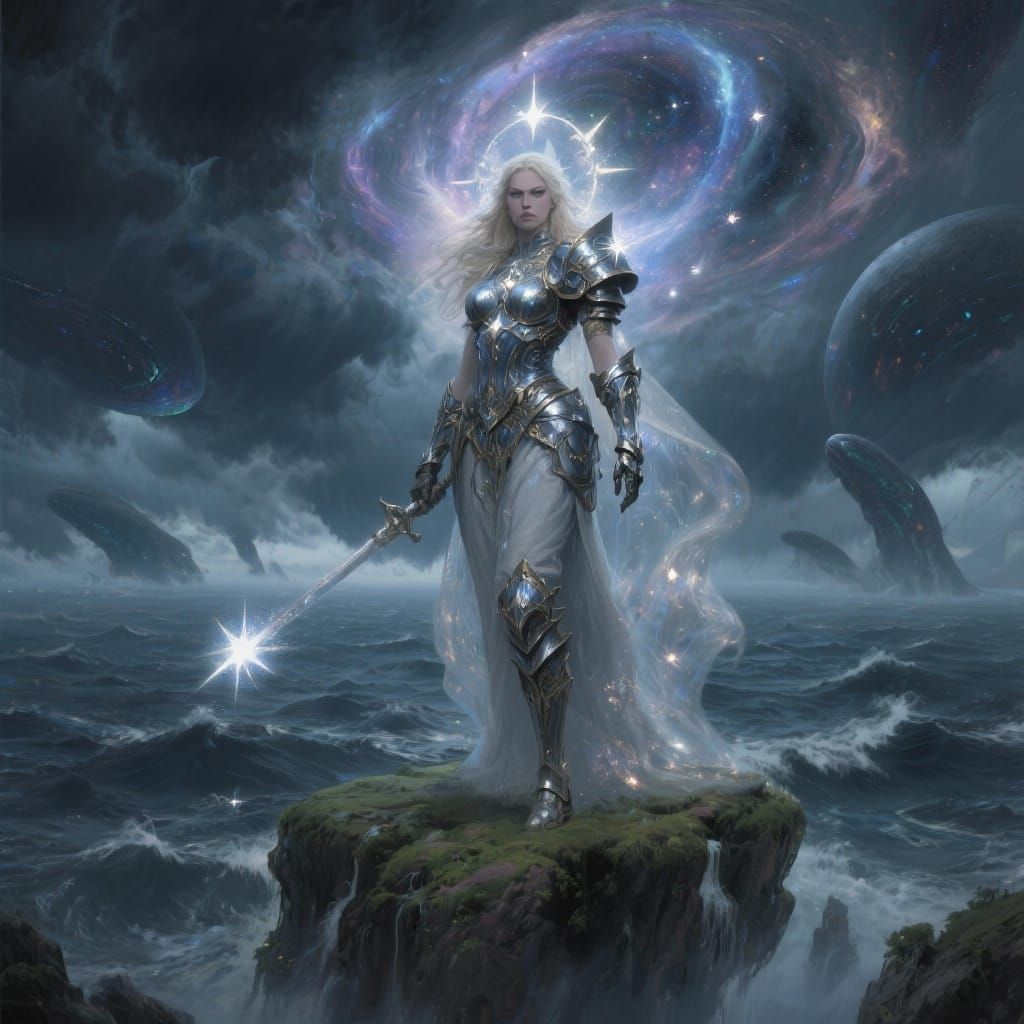Ethereal Warrior Queen in Celestial Armor Above Alien Sea
