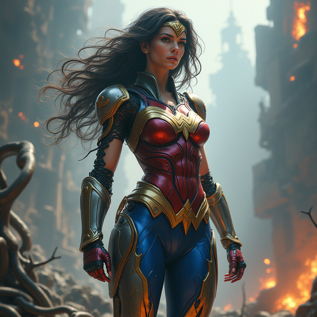 Biomechanical Wonderwoman in Dystopian Cityscape