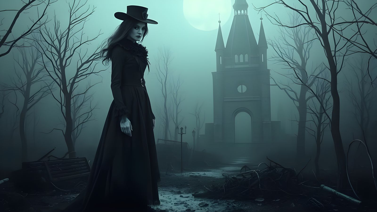Mysterious Woman in Abandoned Landscape: Dark Fantasy Art