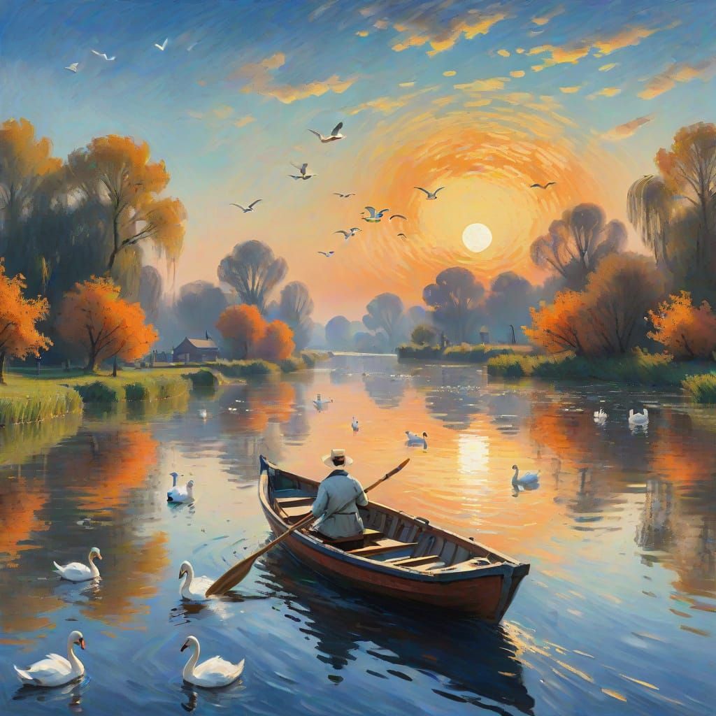 River Scene in Soft Golden Light with Vibrant Moon