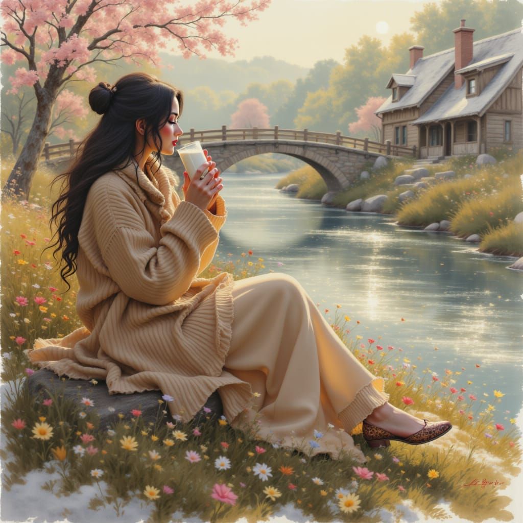 Ethereal Oil Painting of Woman on Bench in Winter Landscape