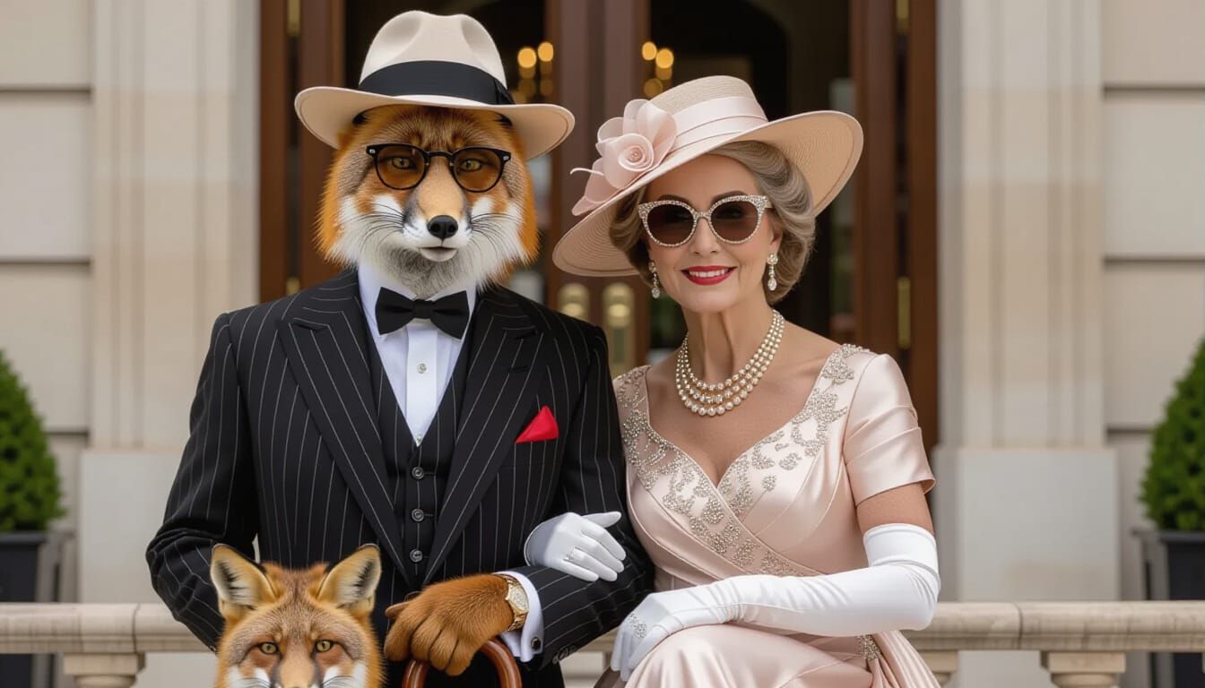 Distinguished Fox Couple and Grandchildren on Lawn