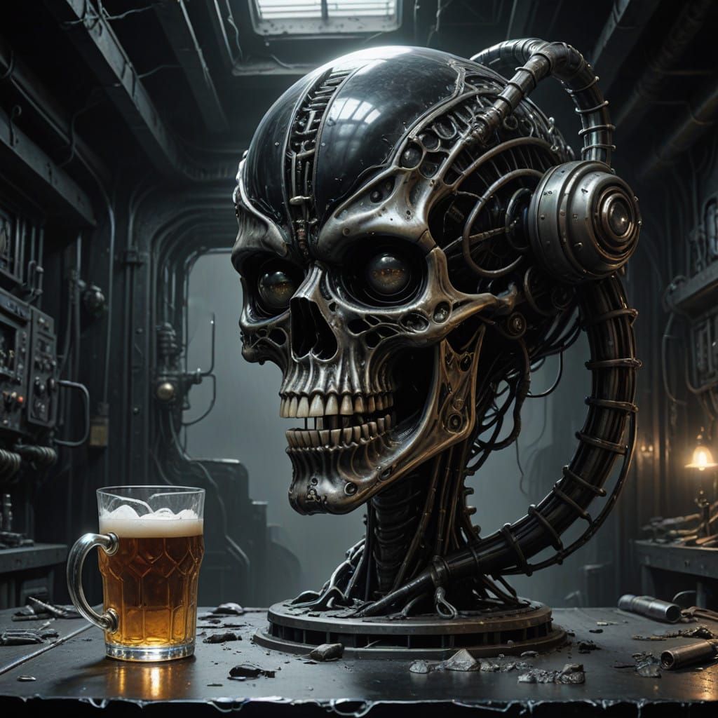 Biomechanical Beer Tankard in a Dark, Otherworldly Realm