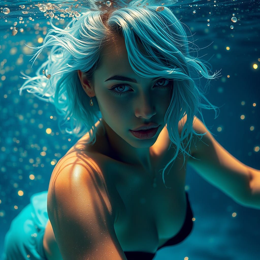Underwater Dancer in Cyberpunk Style with Fireflies