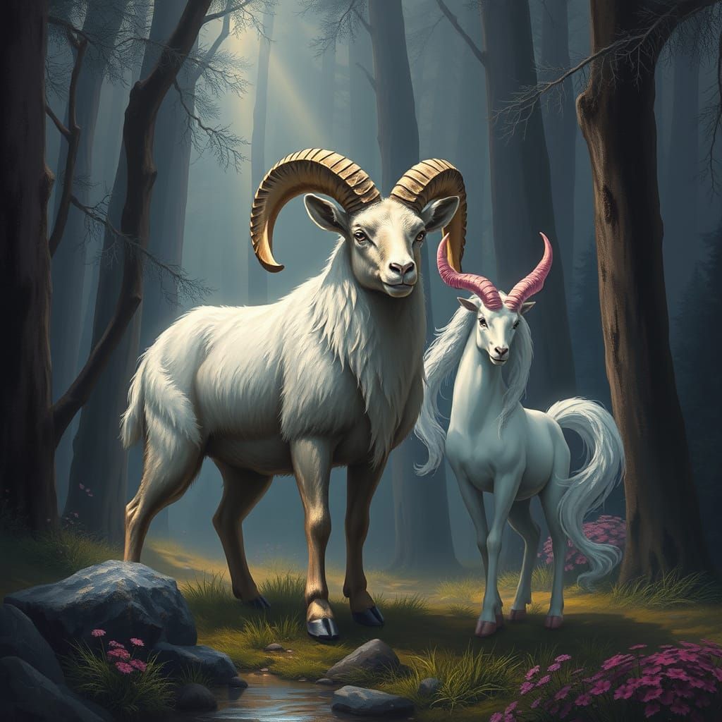 Ram and Kirin in Mystical Forest Landscape