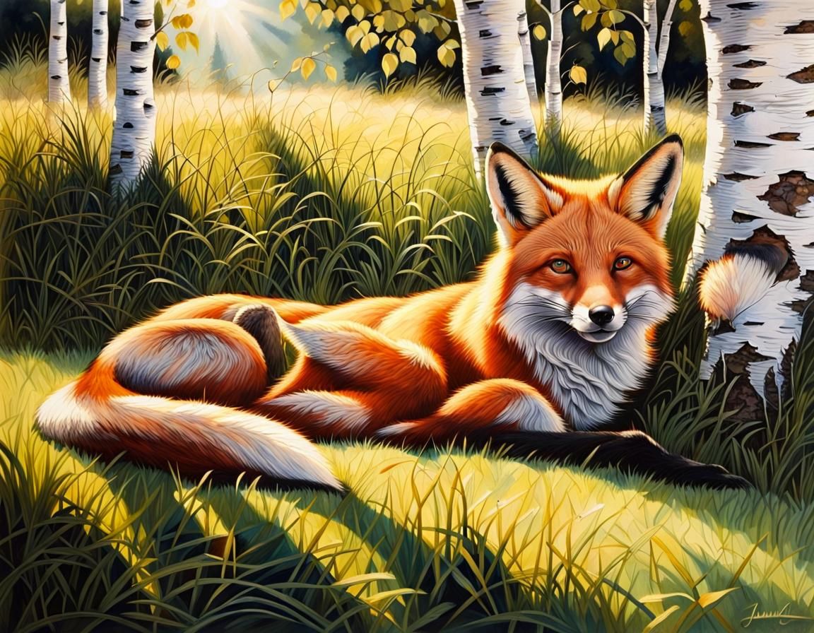 Fox in Sunlight: Hyperrealistic Painting in Deep Color