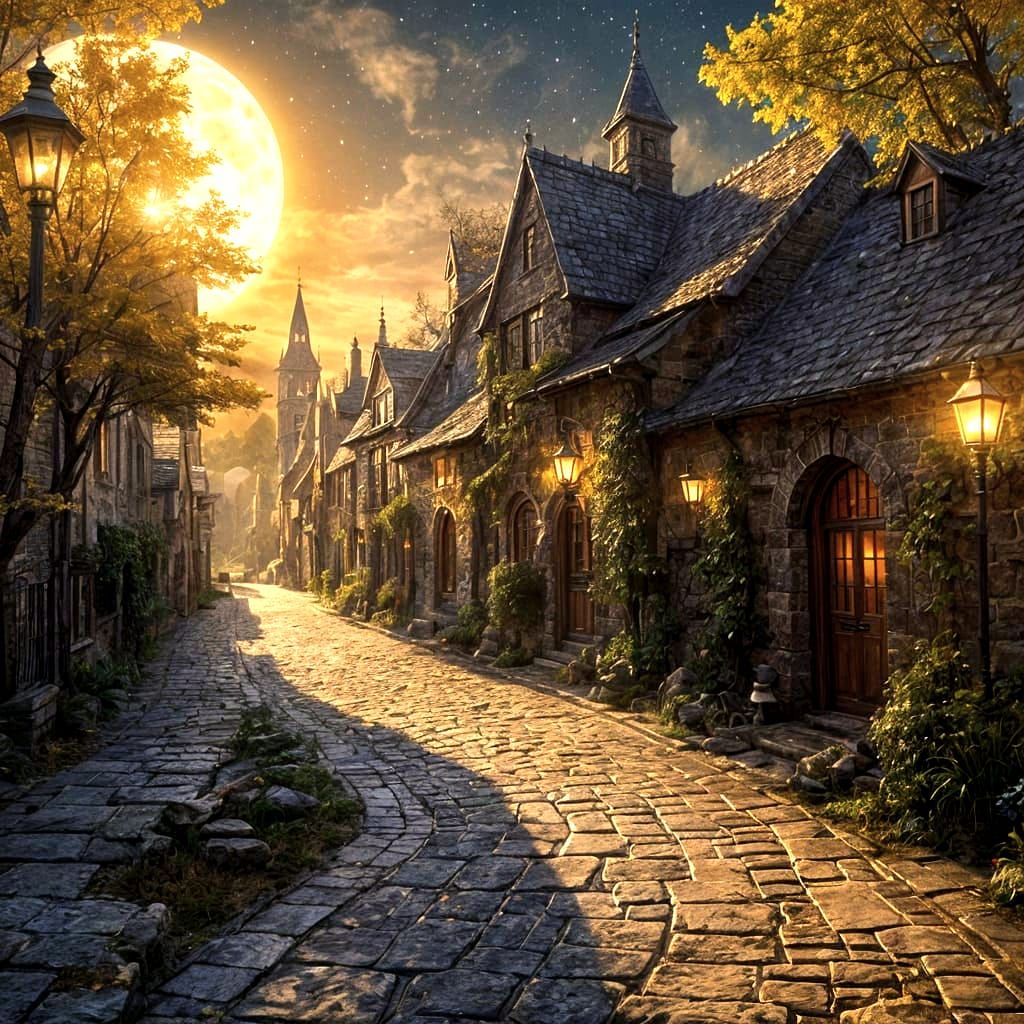 Medieval Night Street with Golden Leaves and Moonlit Sky