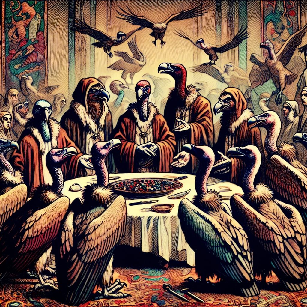 Vultures' Mystical Séance: Cartoon Oil Painting