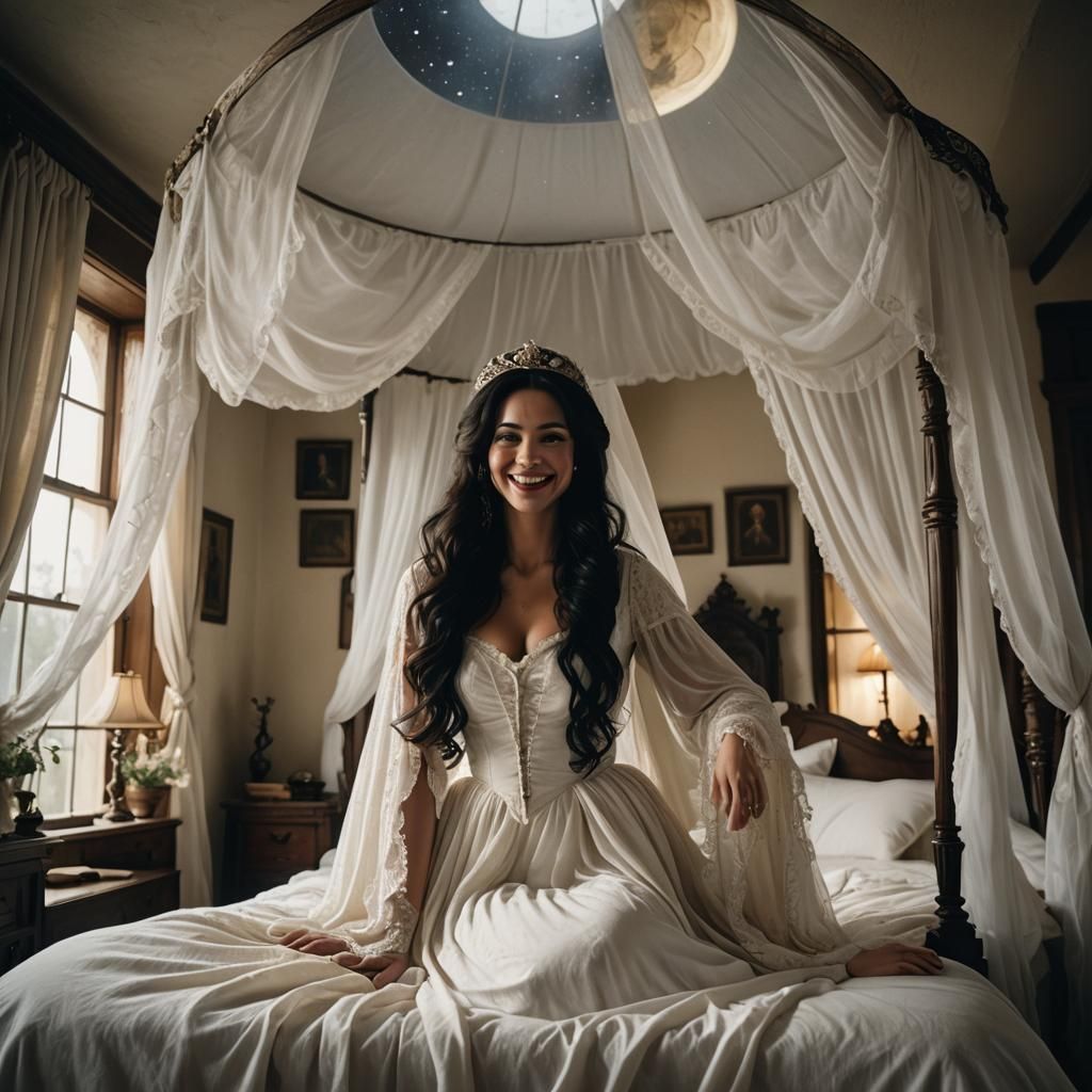 Black Haired Medieval Woman Getting into Bed