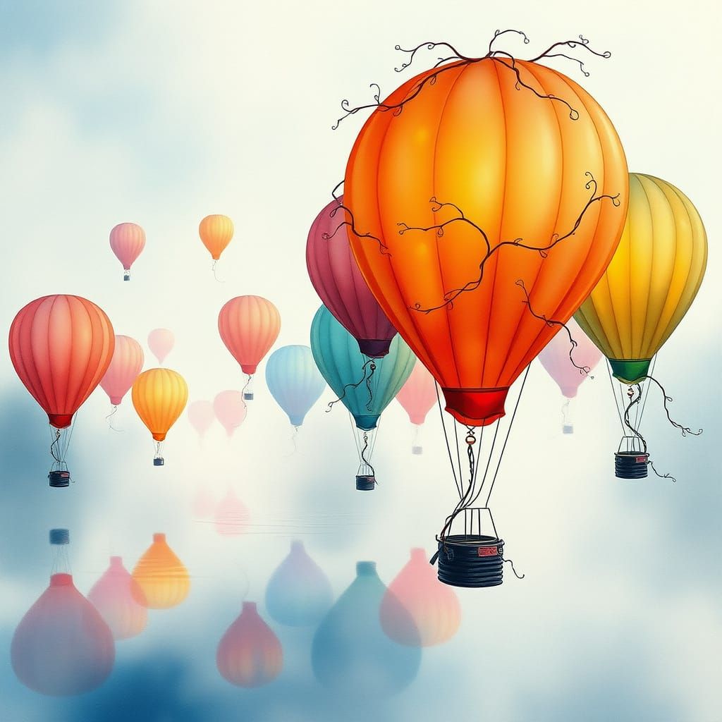 Balloons over Misty Lake in Watercolour Style